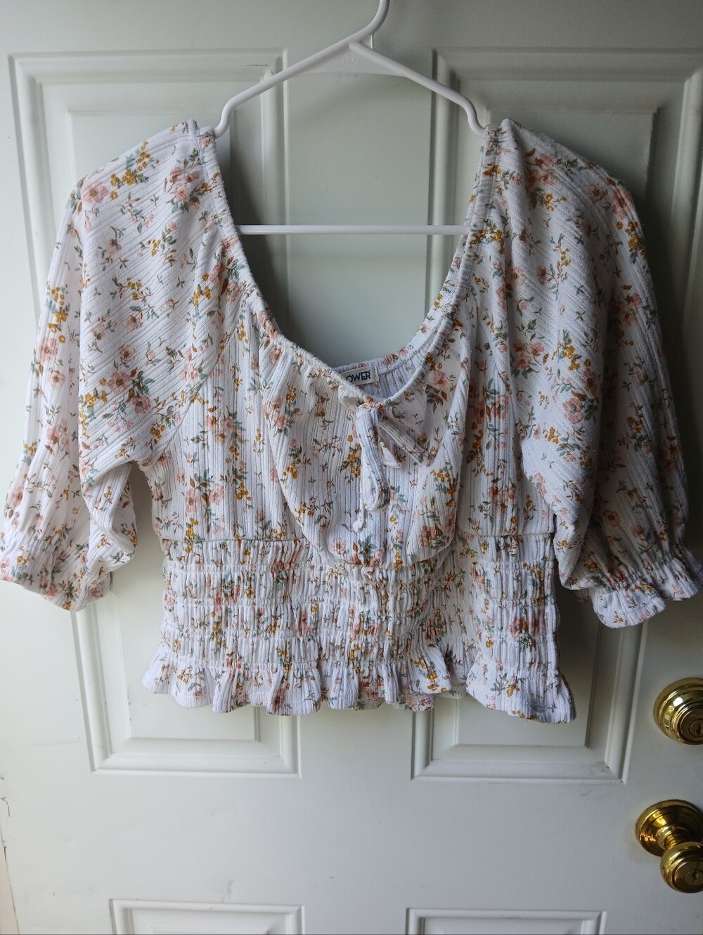 Floral White Smocked Crop Blouse Peasant Style Wallflower Juniors XL